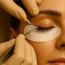 DelosBeauty salonunda kirpik boyama işlemi sırasında müşterinin kapalı göz kapağı yakın çekim.