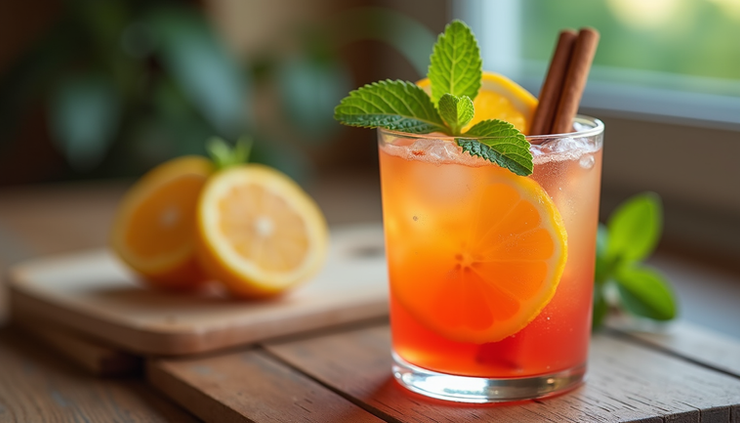 Close-up view of a glass filled with a vibrant spiced summer mocktail garnished with fresh mint and a cinnamon stick