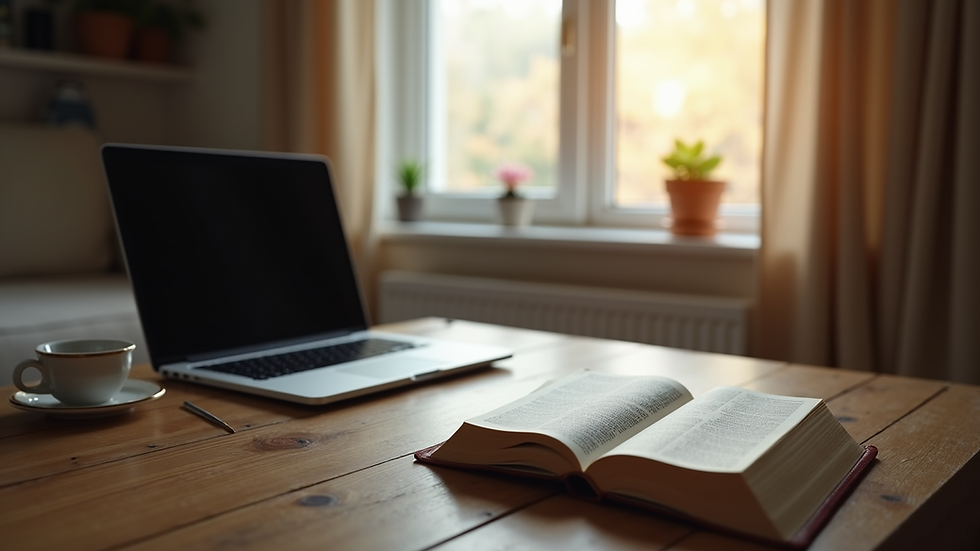 Eye-level view of a cozy home office setup with a laptop and a Bible