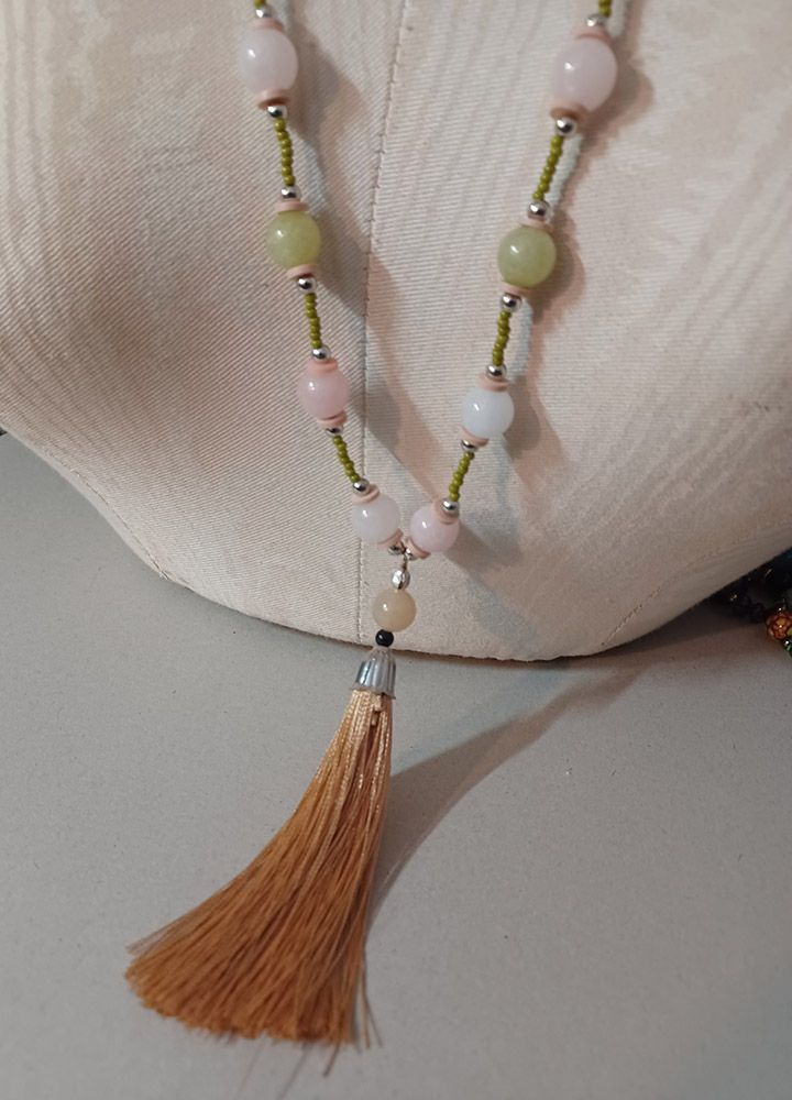 Thumbnail: Long Green and Pink Tassle Necklace