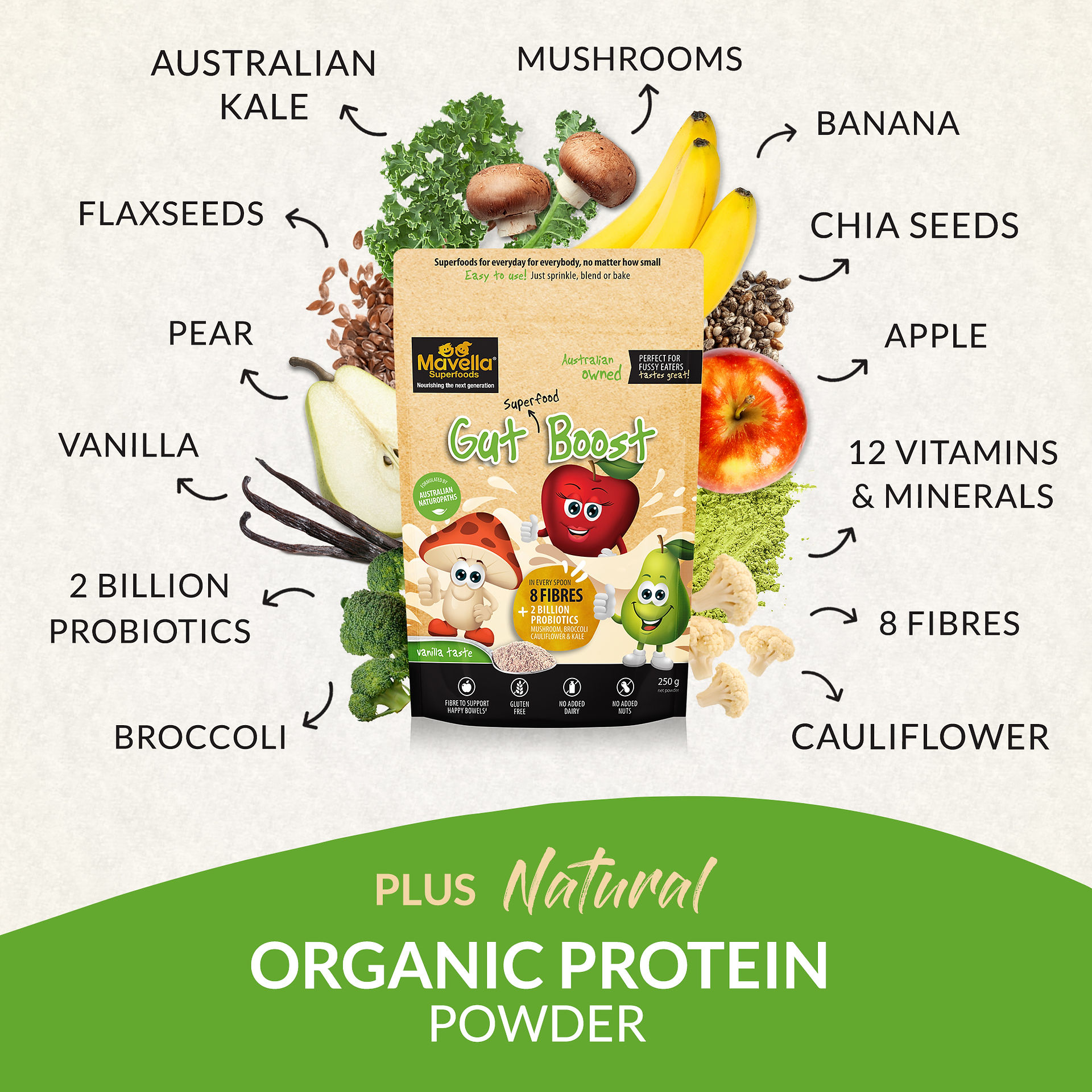 Mavella Gut Boost supports kids' gut health with prebiotics and probiotics for happy tummies.