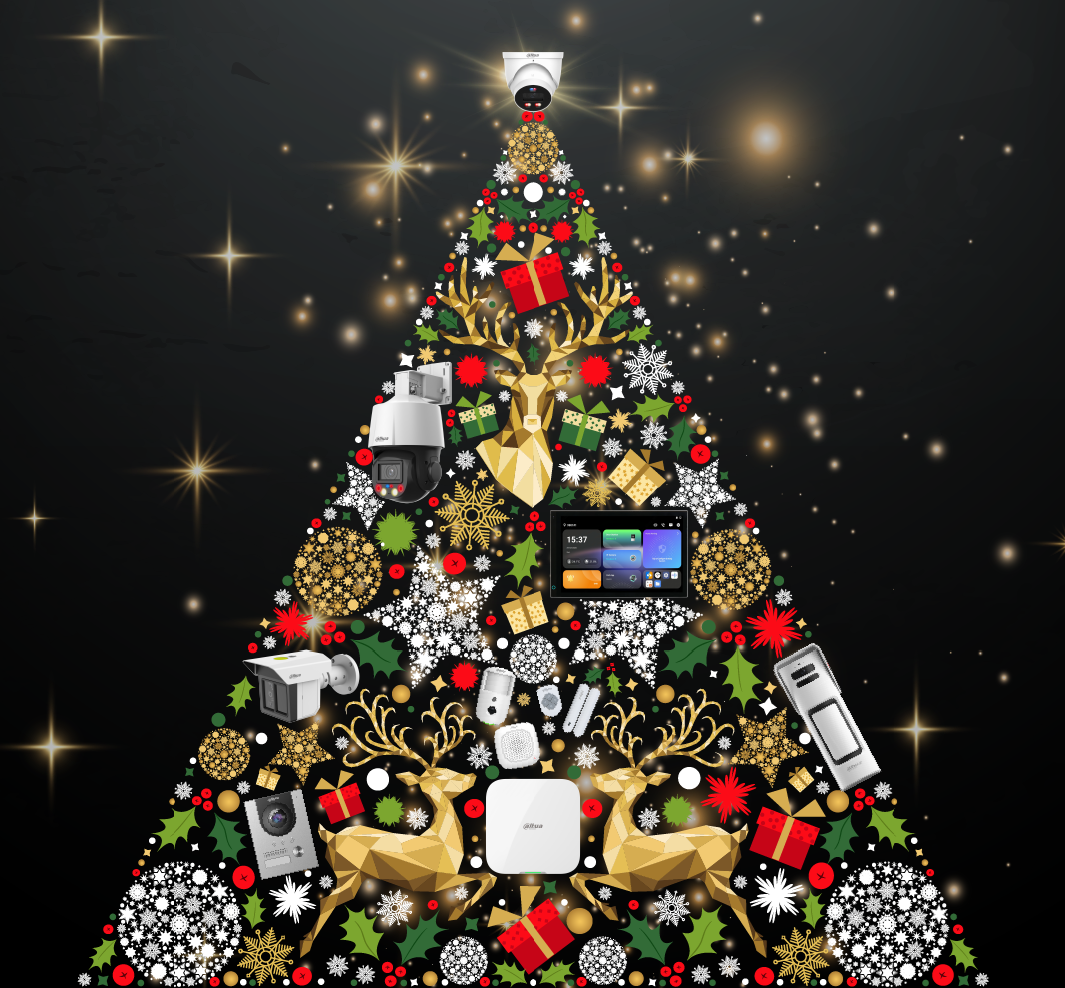 The image shows a retail store decorated with Christmas lights for a festive display with warm lighting in a professional electronics showroom.