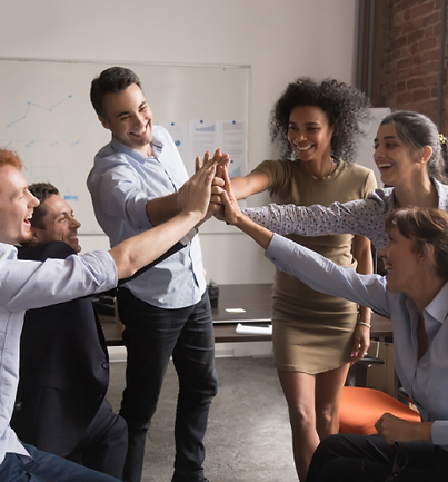 Group of diverse professionals high-fiving in an office, representing team success and seamless staff placements. Showcases Intercon Recruitment’s reliable recruitment services in Durban, Umhlanga, Ballito, and throughout KZN.