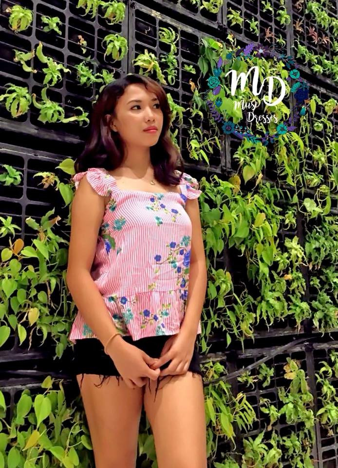 Pink Stripes Ruffled Sleeves with Floral Prints Top