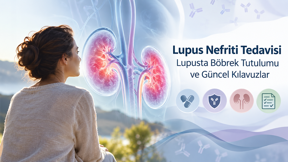Lupus nefriti tedavisi ve böbrek tutulumunu anlatan, böbrek görseli ve güncel tedavi kılavuzlarını simgeleyen tıbbi illüstrasyon.