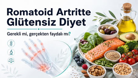 Romatoid artritte glütensiz diyetin gerekliliğini sorgulayan, iltihaplı el eklemleri ile Akdeniz tipi sağlıklı besinleri gösteren blog kapak görseli.