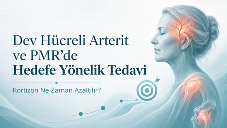 Temporal arter, omuz ve kalça bölgeleri vurgulanan kadın illüstrasyonu; temporal arterit (dev hücreli arterit) ve PMR'de hedefe yönelik tedavi