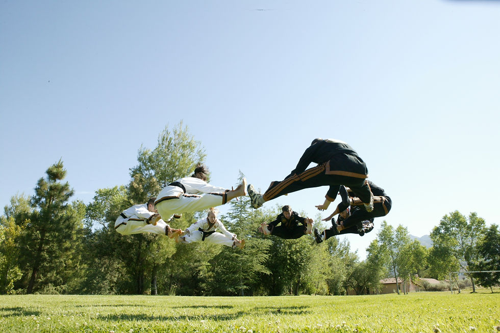 Tae kwon doe near me - adult martial arts students jumping and kicking