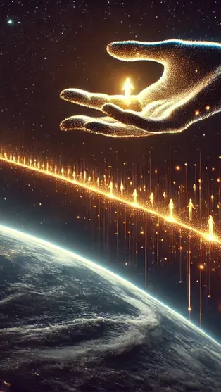 AI-generated conceptual editorial image: A luminous timeline of human history seen from above in deep space, individual lives as points of amber light, evoking a divine perspective that holds all moments simultaneously. © Gené-Leigh Bredenhann / TruthSeekerLife. All rights reserved.