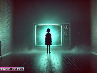AI-generated conceptual editorial image: A young girl stands alone in a dark vintage room, staring into a static-filled old television glowing with eerie teal light, suggesting early paranormal exposure and spiritual vulnerability. Conceptual editorial image about young paranormal curiosity, supernatural questions, and biblical discernment. © Gené-Leigh Bredenhann / TruthSeekerLife. All rights reserved.