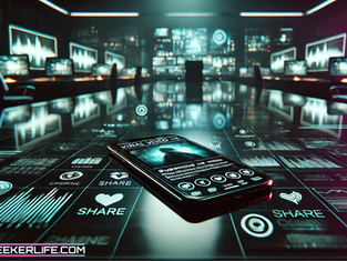 AI-generated conceptual editorial image: A cinematic dark futuristic newsroom scene with a sleek smartphone prominently displayed on a glossy desk, its glowing screen showing a suspicious viral video interface with a distorted face and a video waveform, blurred dramatic footage, warning-like UI elements, share counters, comment icons, and subtle scanlines. © Gené-Leigh Bredenhann / TruthSeekerLife. All rights reserved.