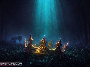 AI-generated conceptual editorial image: An ornate golden crown lies in dew-covered grass under a teal beam of light, while a shadowy long-haired human figure crawls on all fours in the misty forest background.© Gené-Leigh Bredenhann / TruthSeekerLife. All rights reserved.