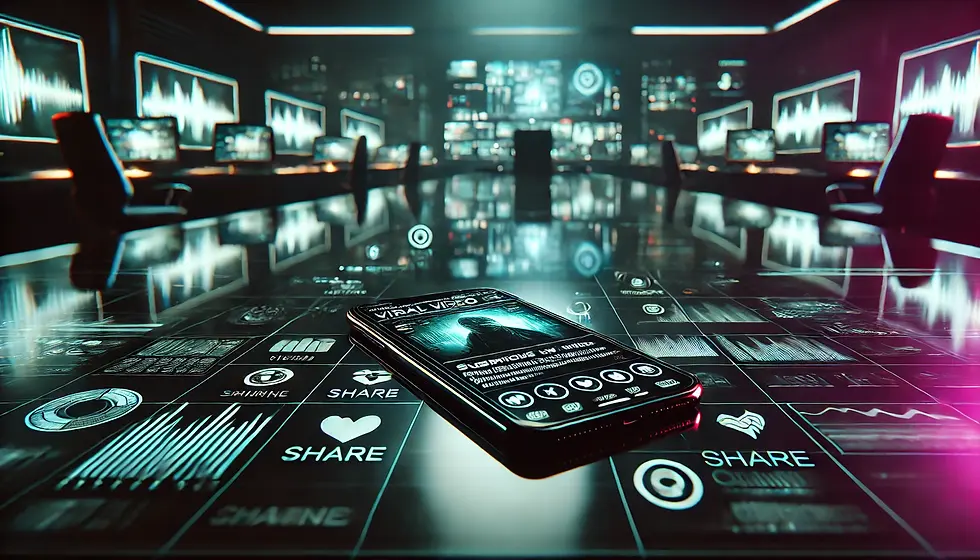AI-generated conceptual editorial image: A cinematic dark futuristic newsroom scene with a sleek smartphone prominently displayed on a glossy desk, its glowing screen showing a suspicious viral video interface with a distorted face and a video waveform, blurred dramatic footage, warning-like UI elements, share counters, comment icons, and subtle scanlines. © Gené-Leigh Bredenhann / TruthSeekerLife. All rights reserved.