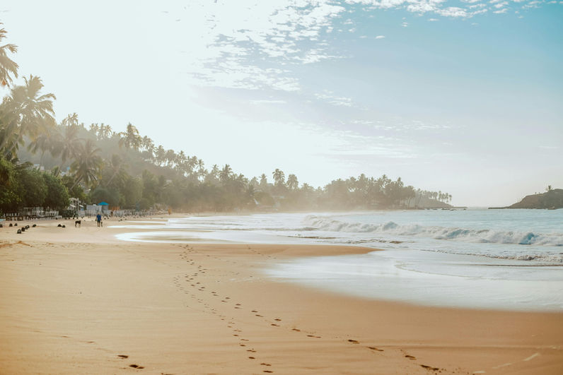 Empty tropical beach in Mirissa with golden sand, soft waves, and peaceful ocean scenery in Sri Lanka.