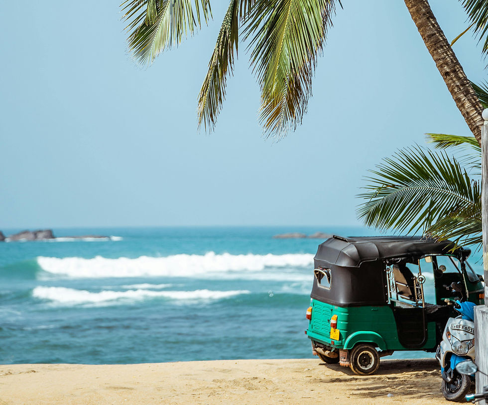 Traditional green tuk tuk parked beside a palm-fringed beach on Sri Lanka's south coast overlooking the Indian Ocean.