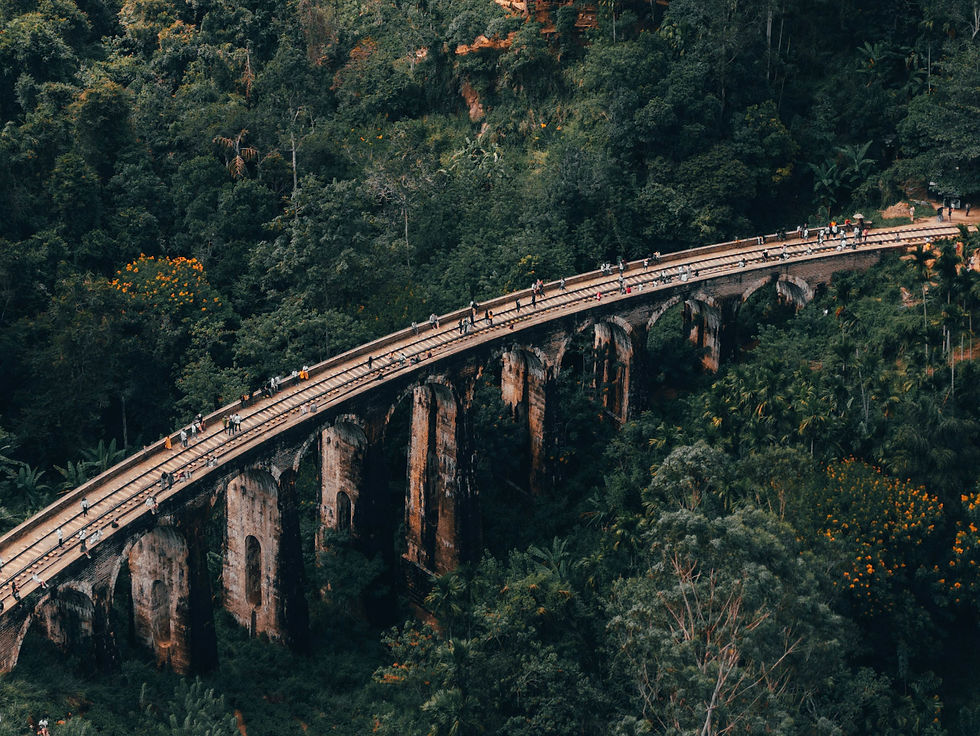 Panoramic view of the famous Nine Arches Bridge surrounded by tropical forest in Ella, Sri Lanka.