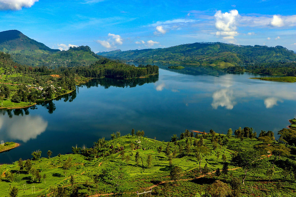 Scenic lake surrounded by rolling green hills and countryside in Sri Lanka.