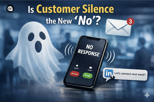 Digital illustration med titeln "Är kundtystnad det nya nej?" med ett spöke bredvid en ringande smartphone med en "Inget svar"-skärm, vilket symboliserar sälj ghosting och kund tystnad.