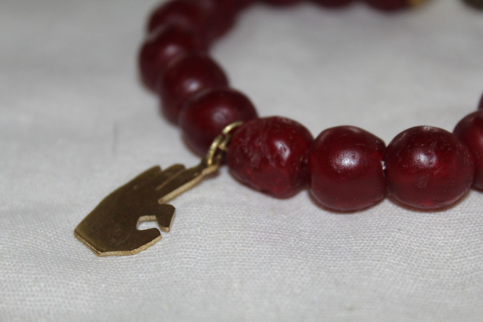 Thumbnail: "Yo Hand" Brass Charm Crimson Glass Bead Bracelet