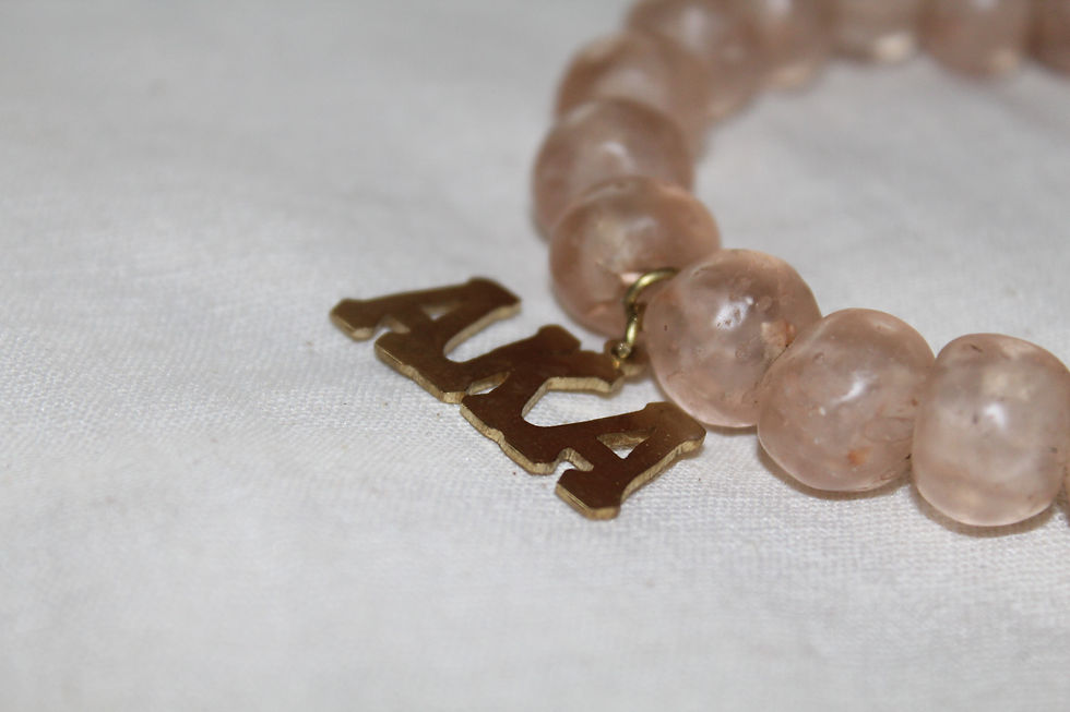 Thumbnail: "AKA" Brass Charm Pink Glass Bead Bracelet
