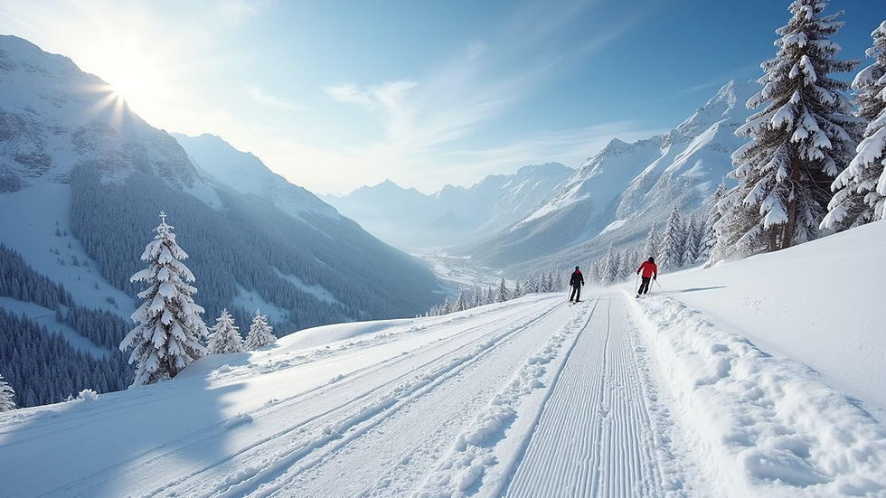 Eye-level view of snowy Courchevel ski slope with skiers descending