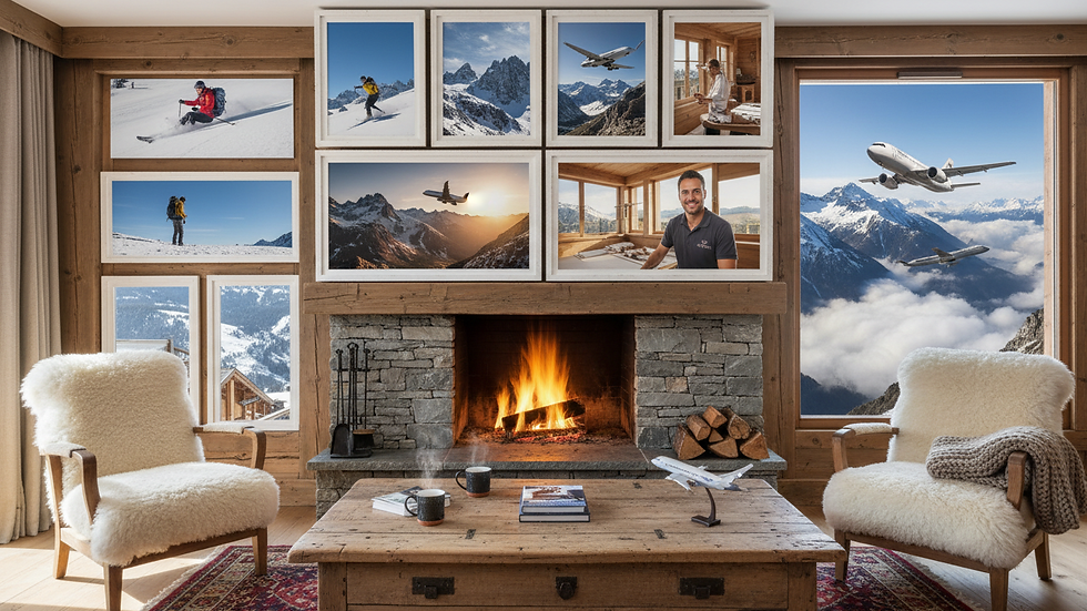 Eye-level view of a cosy chalet living room with a fireplace