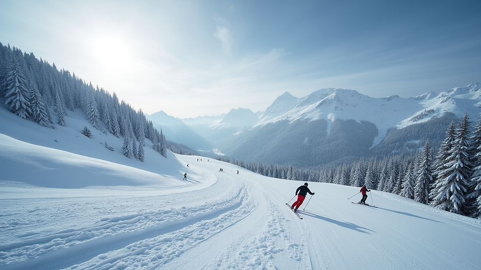 Wide angle view of a snowy Courchevel ski slope with skiers in action
