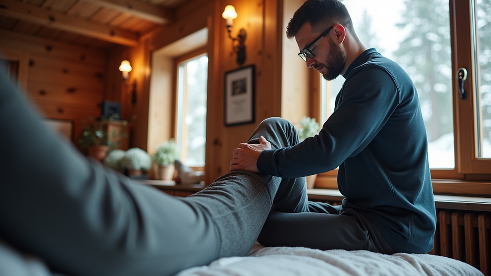 Eye-level view of a physiotherapist applying manual therapy to a skier's knee in a chalet