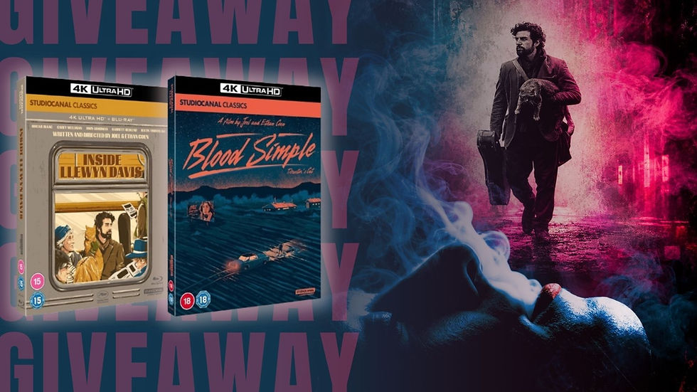 Two 4K Ultra HD boxes for Inside Llewyn Davis and Blood Simple over a smoky magenta-blue poster of a man with a guitar case.