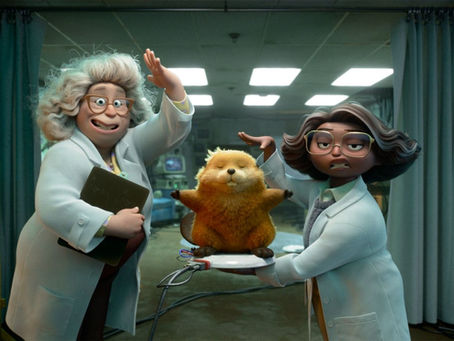 Two animated scientists in lab coats hold a beaver on a platform in a lab. One smiles and waves, the other looks skeptical. Curtain backdrop.