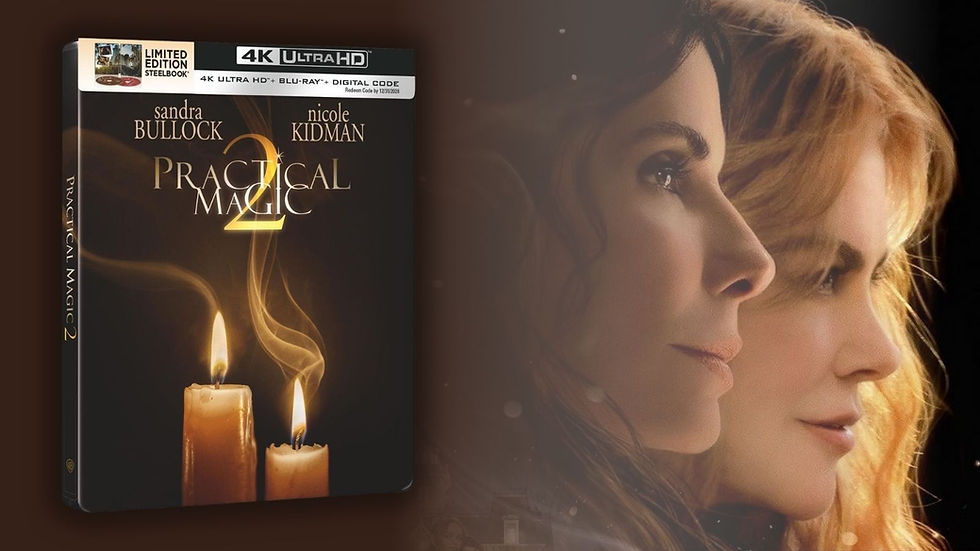 Practical Magic 2 4K steelbook cover with Sandra Bullock and Nicole Kidman in profile beside glowing candles and smoke