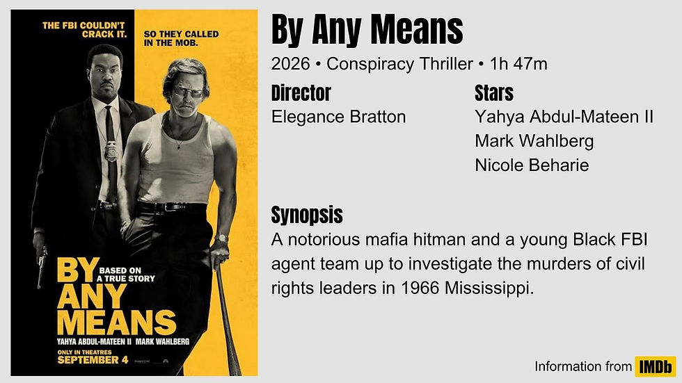 Movie poster for By Any Means: two stern men on black-and-yellow background, one in a suit with a gun, one holding a bat.