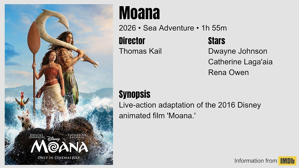 Moana movie poster with Moana, Maui, rooster and pig on ocean waves; text shows Moana, 2026, sea adventure, IMDb details