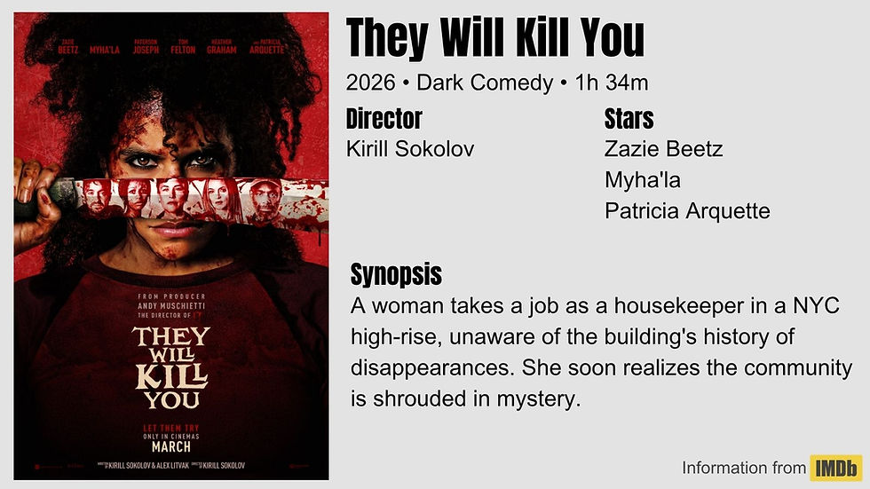 A person holds a bloody knife reflecting faces, over a red background. Text reads: "They Will Kill You," with movie details and synopsis.
