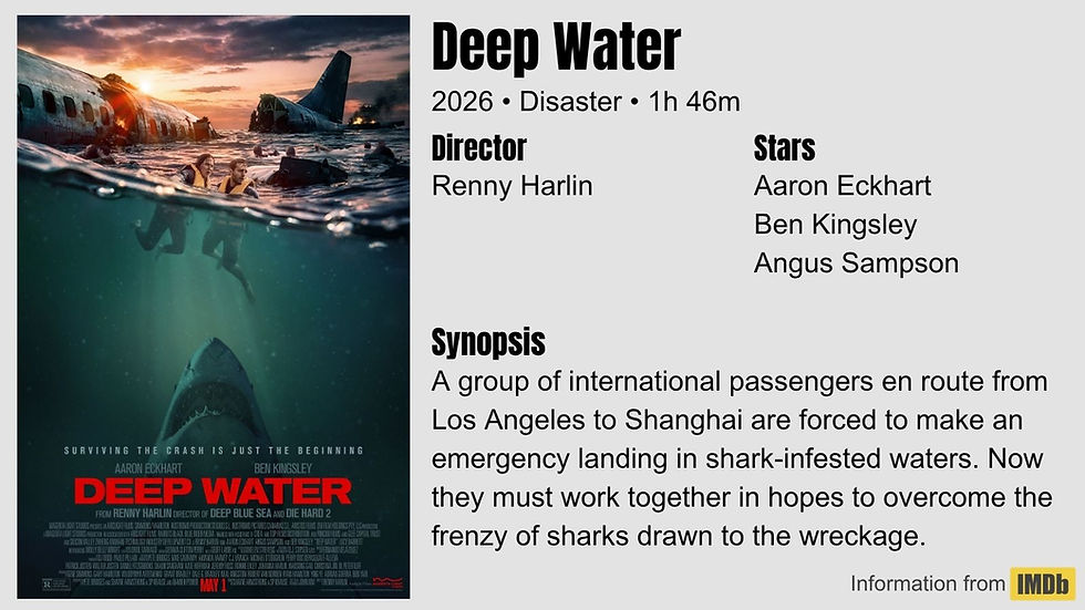 Movie poster for Deep Water. Passengers in life vests swim near a crashed plane, sunset sky, visible shark fin below. Text details movie info.