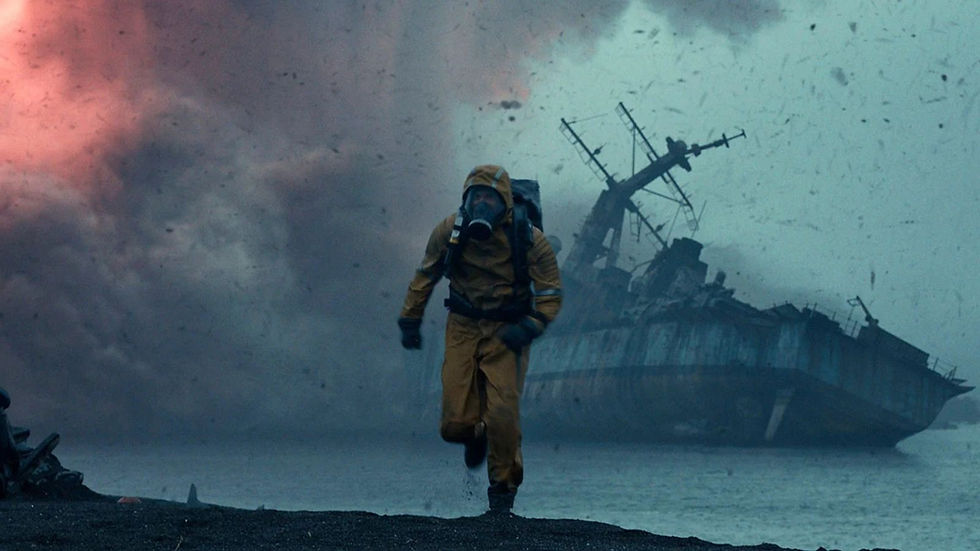 Person in yellow protective suit runs from stormy coast with a damaged ship. Dark, cloudy sky creates a tense, dramatic atmosphere.
