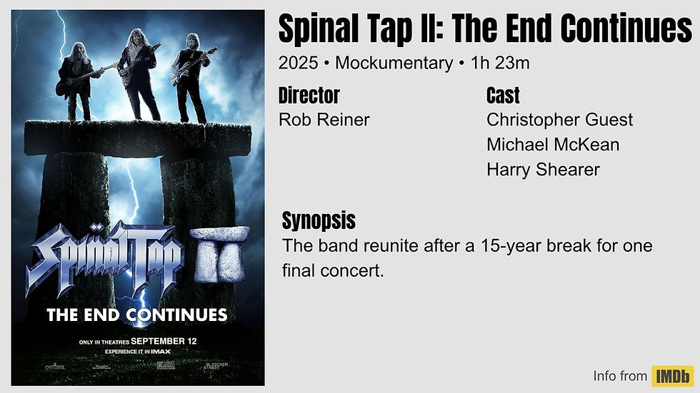 Three rock musicians play guitar atop Stonehenge under stormy skies. Text: "Spinal Tap II: The End Continues." Release: September 12.