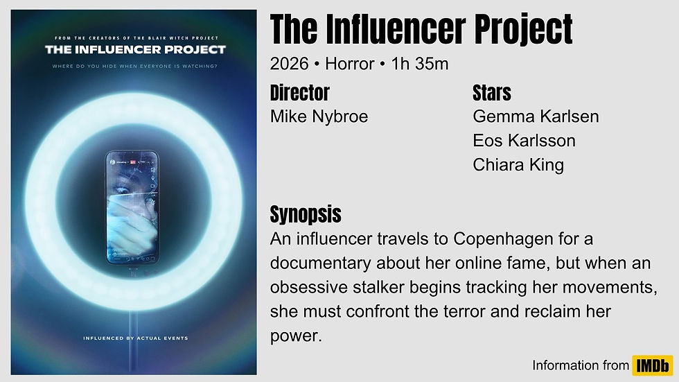 The Influencer Project movie page shows a glowing ring around a phone on a dark poster, with title, year, genre, director and stars.