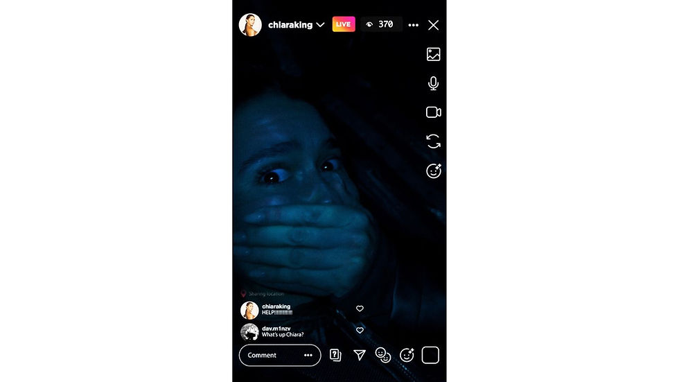 Instagram Live of a woman in blue light with hand over mouth, looking alarmed; comments read HELP! and What's up Chiara?