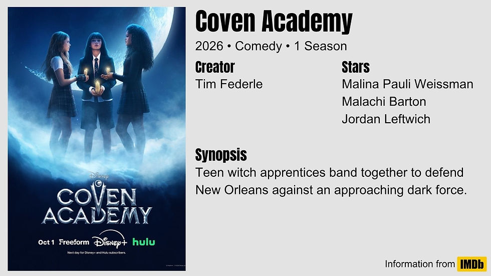 Three teen witches in school uniforms hold candles under a moonlit sky; Coven Academy poster with Disney+, Hulu, and Freeform logos