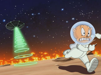 Cartoon astronaut pig runs on a fiery alien landscape, looking scared. UFO hovers in starry sky, emitting a green beam.