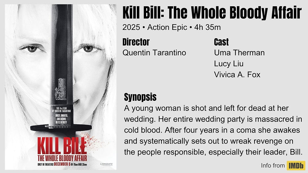 Film poster for "Kill Bill: The Whole Bloody Affair" with sword & woman's face. Includes cast, director, and synopsis. Black, white, red tones.