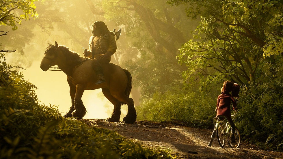 Golden forest scene with a rider on a horse and a child on a bicycle on a wooded path, bathed in warm sunlight.