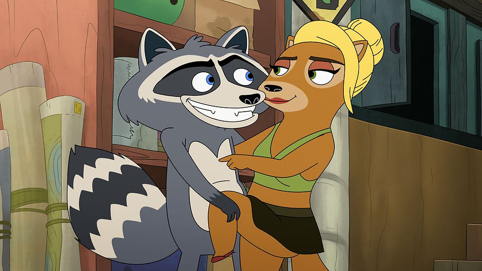 Smiling raccoon hugs a blonde female dog in a cozy room, both gazing fondly at each other, with a warm playful mood.