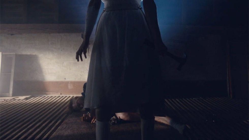 Silhouetted person in dress holds hammer, standing over a figure on a wooden floor in dimly lit room with eerie, tense atmosphere.