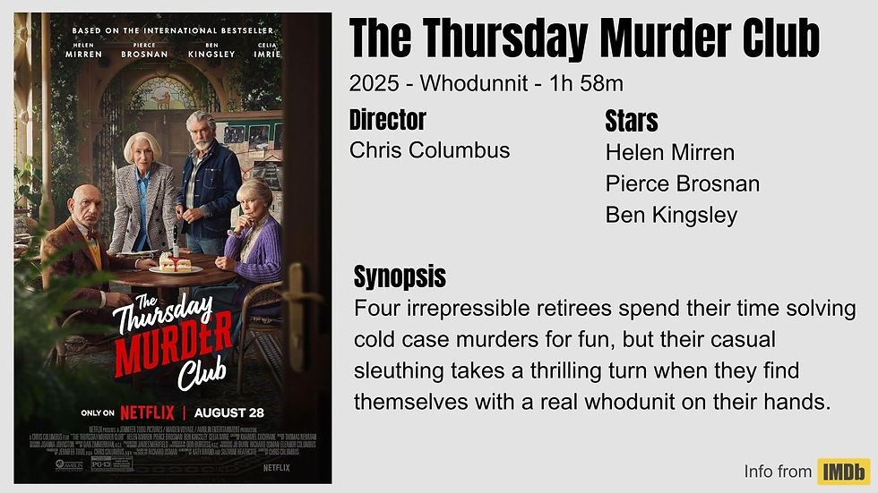 Movie poster for "The Thursday Murder Club" shows four retirees in a cozy room. Text reveals stars, director, synopsis, and Netflix release info.