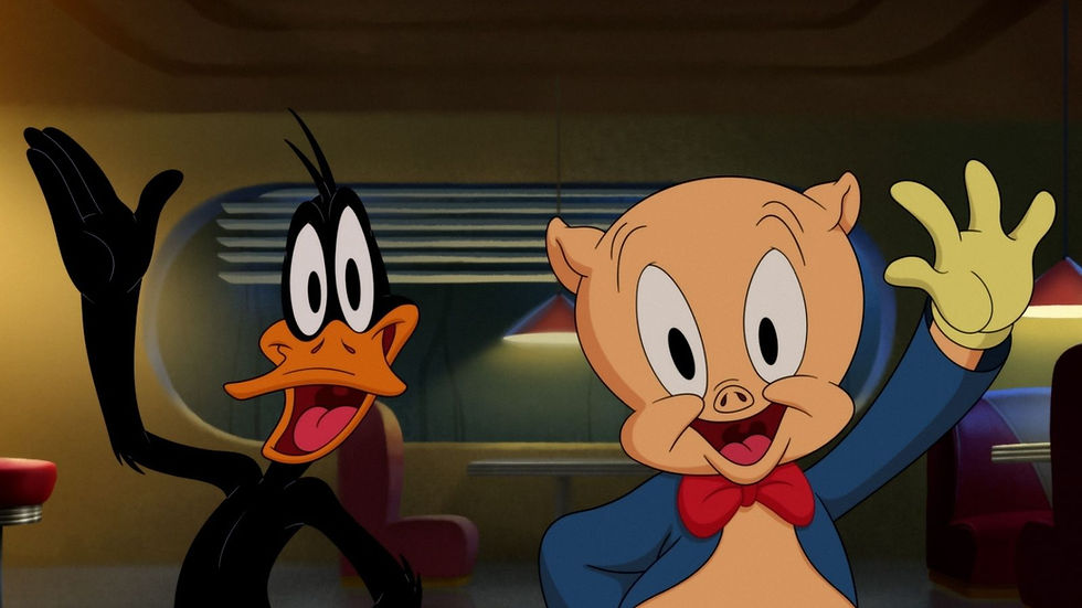 Animated duck and pig character wave excitedly inside a diner, with a colorful background and cheerful expressions.