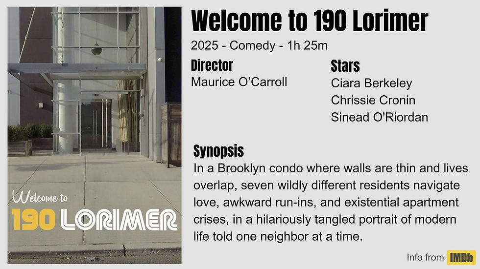 Promo for "Welcome to 190 Lorimer," a 2025 comedy. Features condo entry, cast info, and synopsis about residents' intertwined lives.