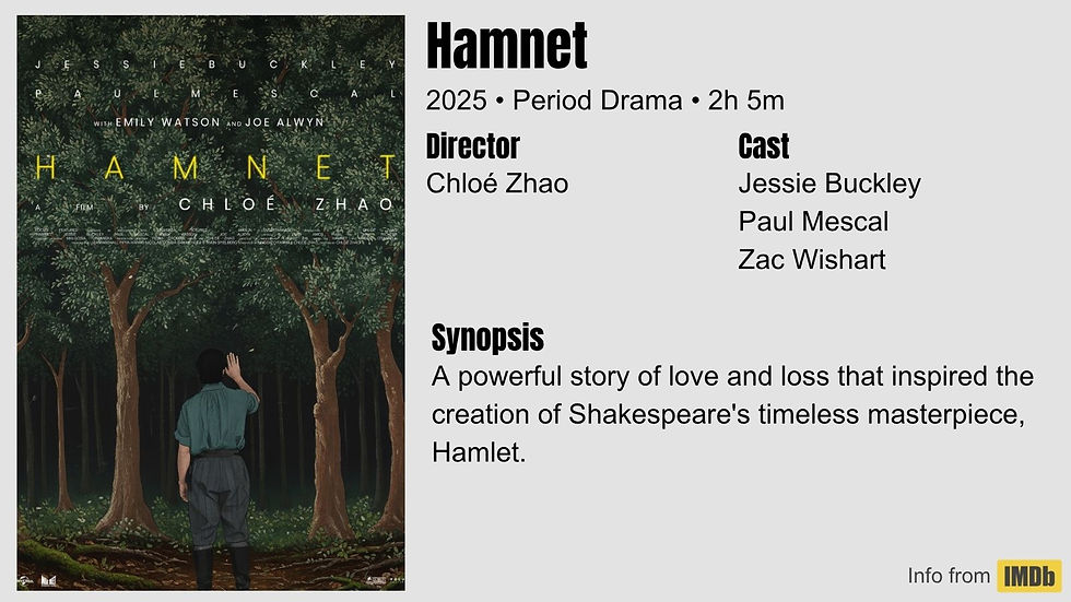 A person stands in a forest with text overlay for "Hamnet," a 2025 period drama by Chloé Zhao. Cast: Jessie Buckley, Paul Mescal.