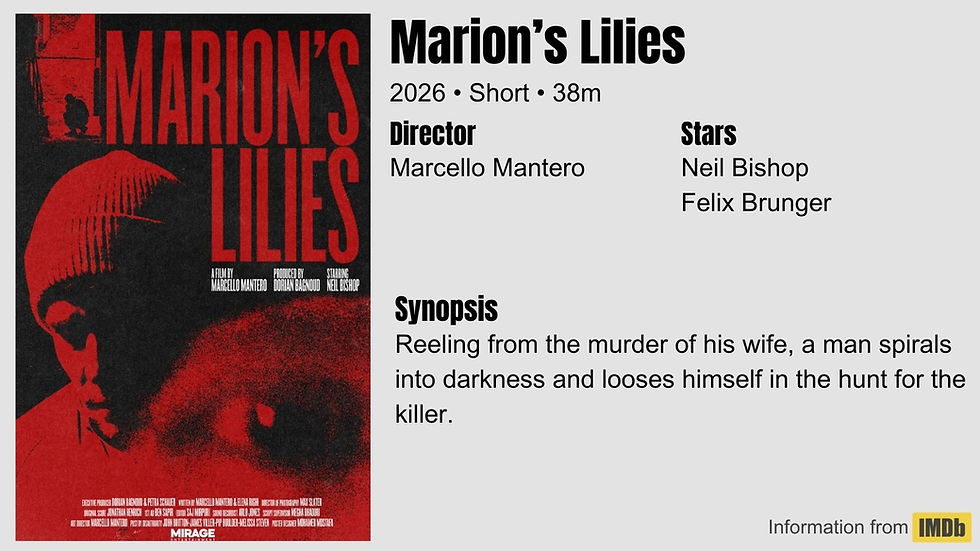 Red-toned poster of "Marion’s Lilies" shows a somber man. Synopsis: Man spirals after wife's murder. 2026, 38m, starring Neil Bishop.